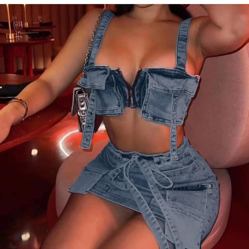 Wholesale DESIGNERS Famous brand clothing set Denim tank top skirts 2 pieces set for women