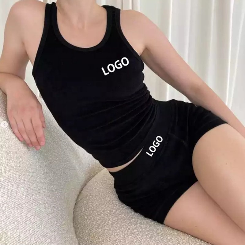 Custom Logo Terry Cloth Set Women's Sets Heavy weight Terry Towel Fabric Bodycon Tank Top Short Pants 2 Piece Tracksuits Set