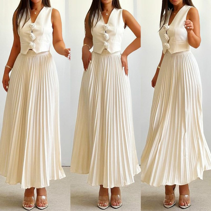 Boutique Wholesale 2024 Summer New Fashionable Sleeveless Vest Flower Half Body Pleated Women's Set