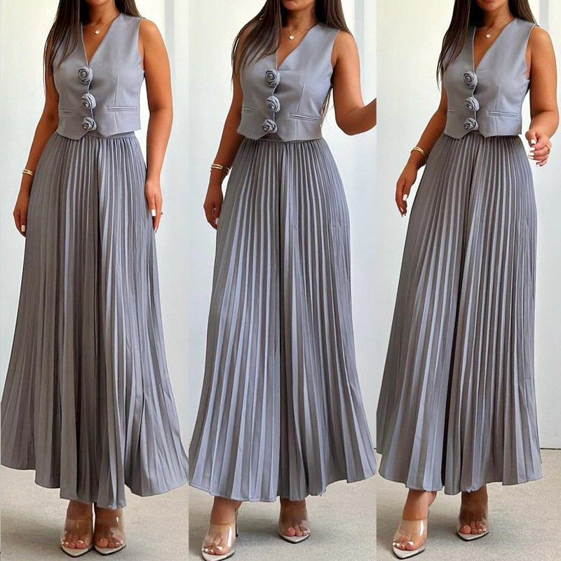 Boutique Wholesale 2024 Summer New Fashionable Sleeveless Vest Flower Half Body Pleated Women's Set