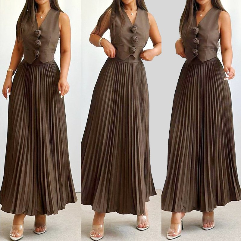 Boutique Wholesale 2024 Summer New Fashionable Sleeveless Vest Flower Half Body Pleated Women's Set