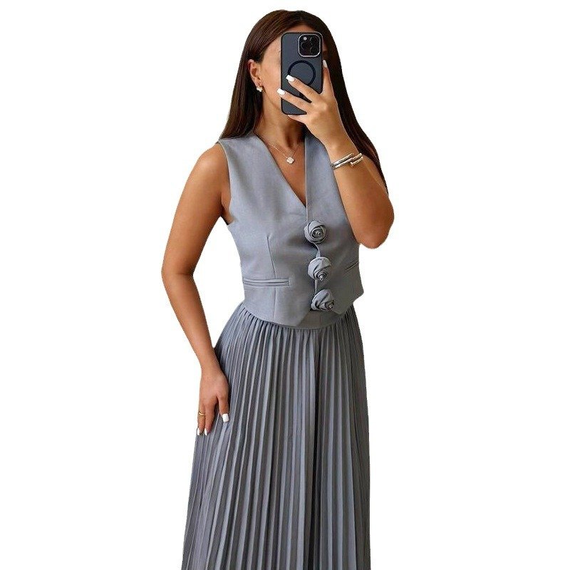 Boutique Wholesale 2024 Summer New Fashionable Sleeveless Vest Flower Half Body Pleated Women's Set