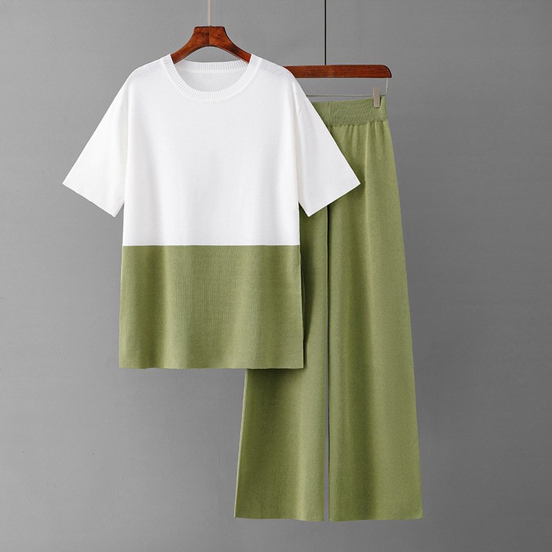 Wholesale 2023 Summer Fashion Design Sense Versatile Fashion Top Light Mature Wind Wide Leg Pants Knitted Women's Set