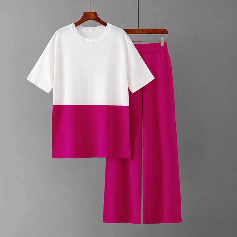 Wholesale 2023 Summer Fashion Design Sense Versatile Fashion Top Light Mature Wind Wide Leg Pants Knitted Women's Set