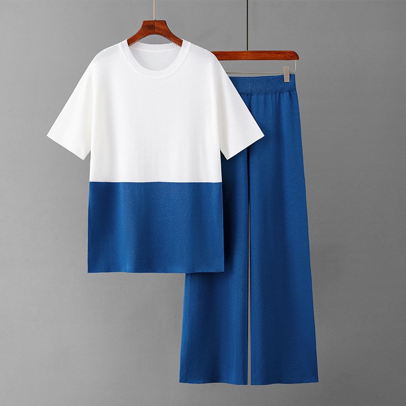 Wholesale 2023 Summer Fashion Design Sense Versatile Fashion Top Light Mature Wind Wide Leg Pants Knitted Women's Set