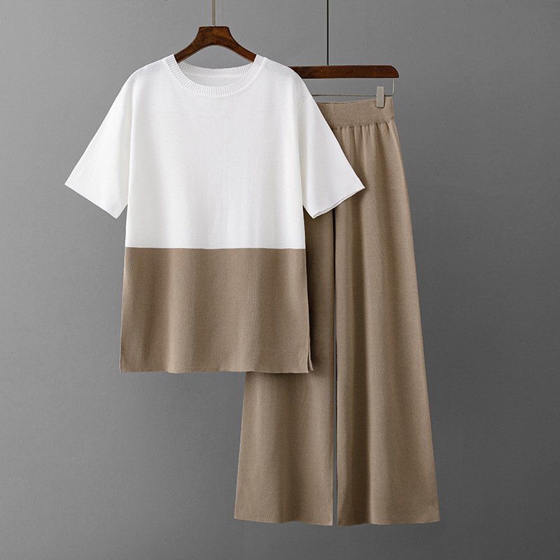 Wholesale 2023 Summer Fashion Design Sense Versatile Fashion Top Light Mature Wind Wide Leg Pants Knitted Women's Set