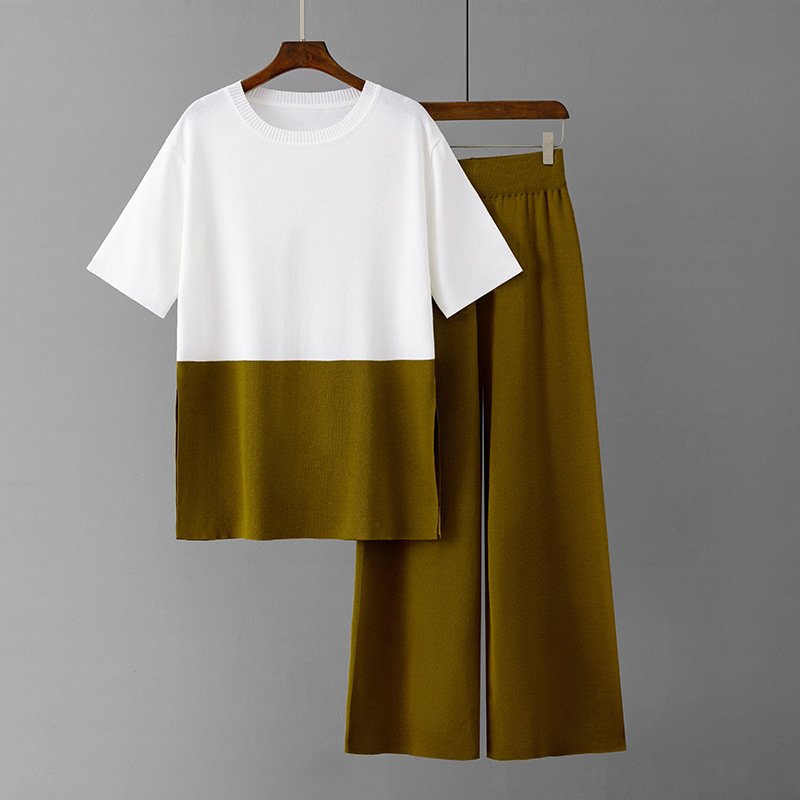 Wholesale 2023 Summer Fashion Design Sense Versatile Fashion Top Light Mature Wind Wide Leg Pants Knitted Women's Set