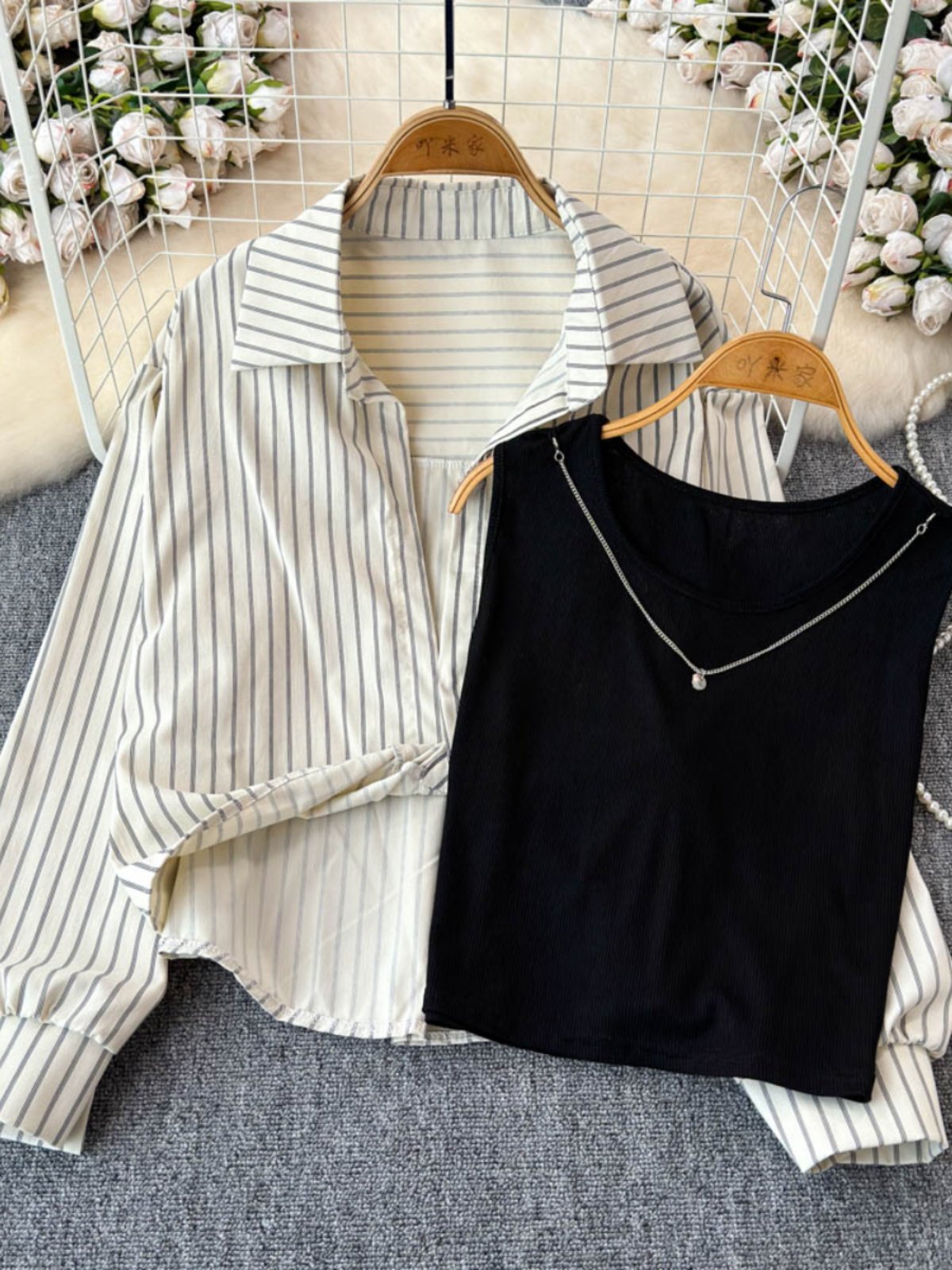 Boutique Wholesale 2024 Autumn New Retro Striped Long Sleeved Shirt Loose Slimming Versatile Vest Women's Sets