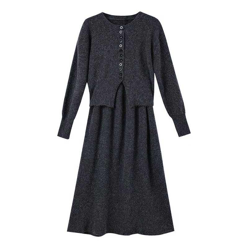 factory custom Women's button Knitted sweater cardigan lady Knit Skirt two piece sets