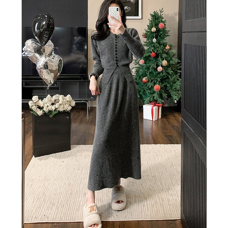 factory custom Women's button Knitted sweater cardigan lady Knit Skirt two piece sets