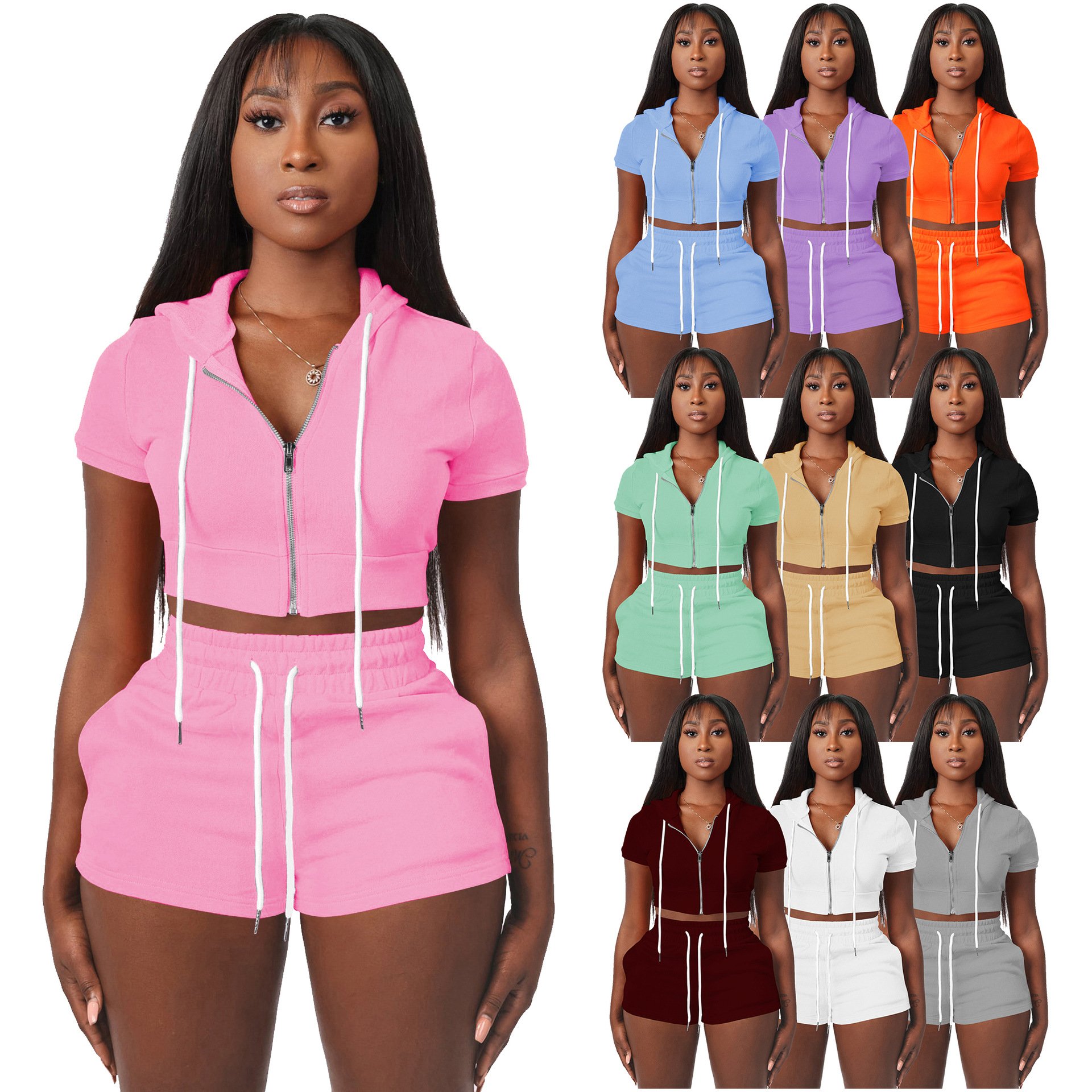 Summer Outfit Crop Short Sleeve Full Zip Up Hoodie Women Sweatsuit Set Tracksuit Jogger Shorts Two Piece Women's Set