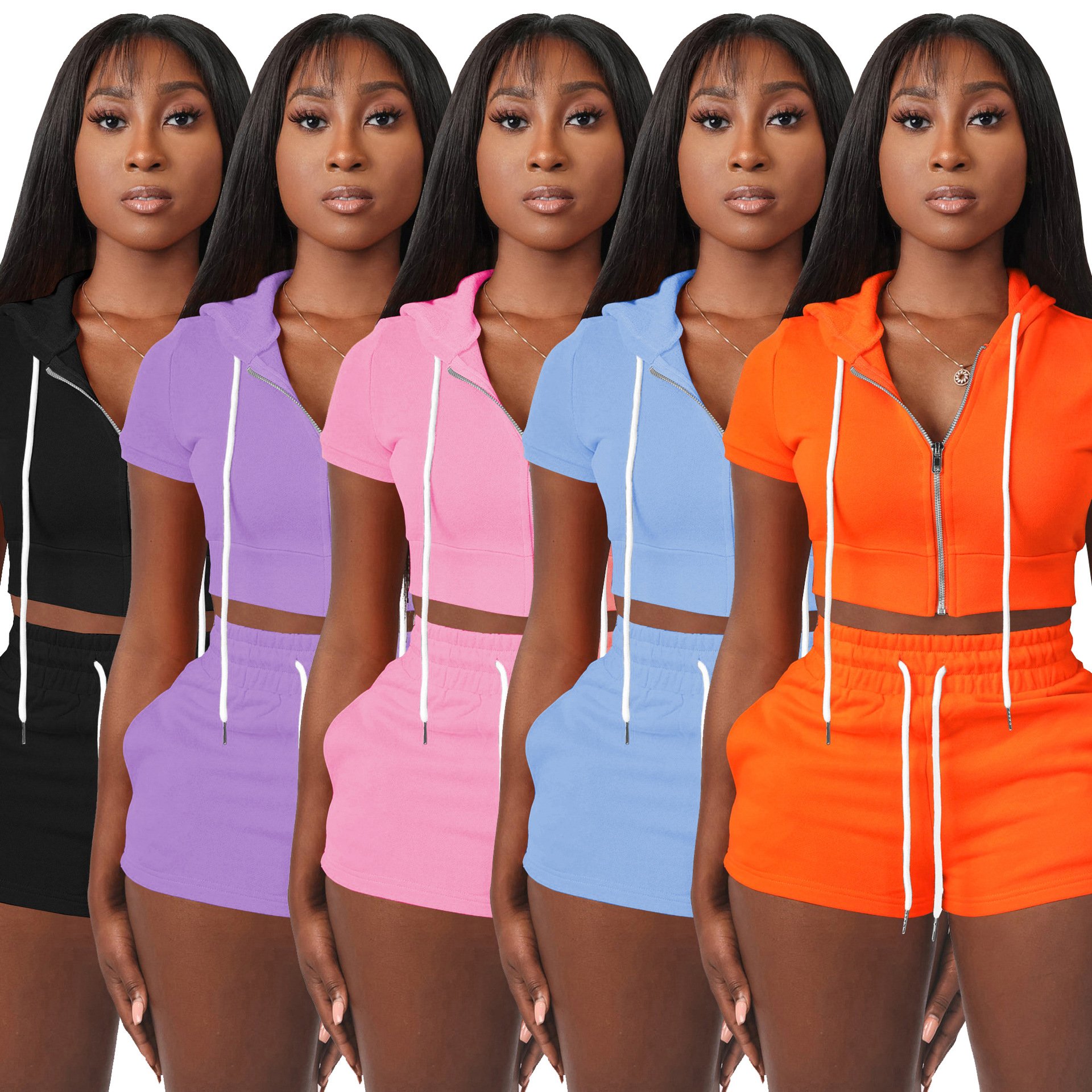 Summer Outfit Crop Short Sleeve Full Zip Up Hoodie Women Sweatsuit Set Tracksuit Jogger Shorts Two Piece Women's Set