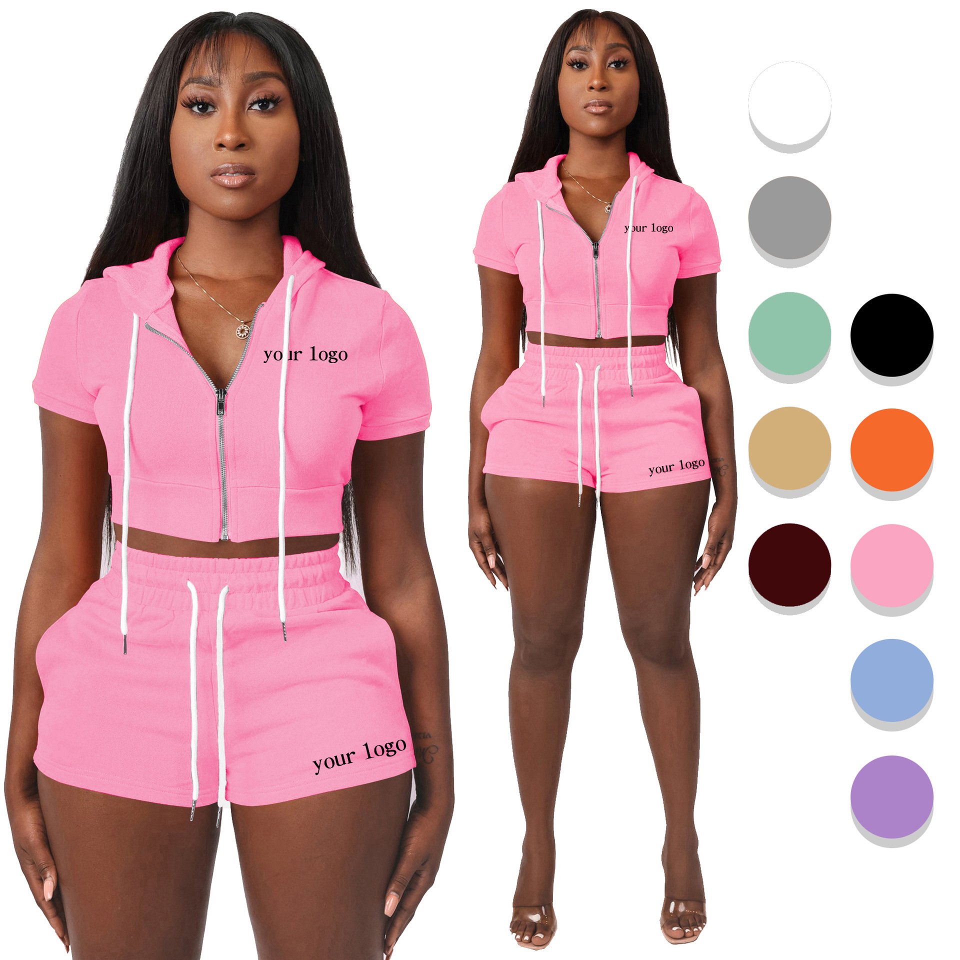 Summer Outfit Crop Short Sleeve Full Zip Up Hoodie Women Sweatsuit Set Tracksuit Jogger Shorts Two Piece Women's Set