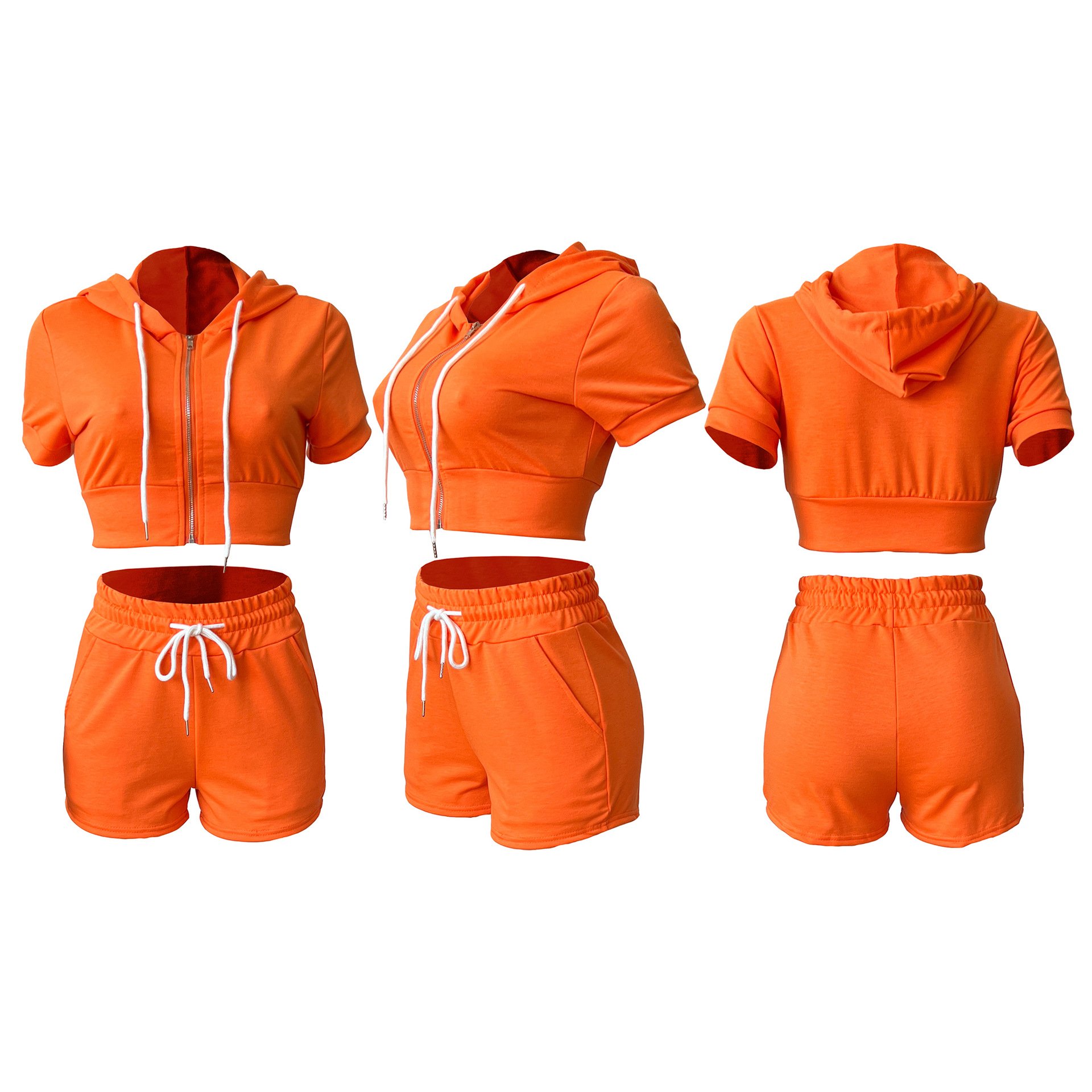 Summer Outfit Crop Short Sleeve Full Zip Up Hoodie Women Sweatsuit Set Tracksuit Jogger Shorts Two Piece Women's Set