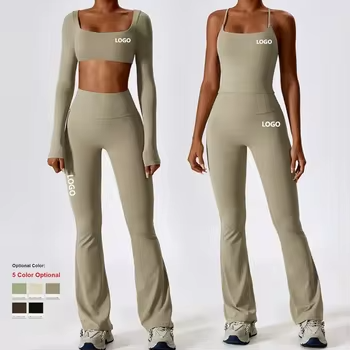 New Wholesale 4-Piece Custom Ribbed Yoga Set, Gym Sportswear, Women's Fitness Clothing, Sportswear Set