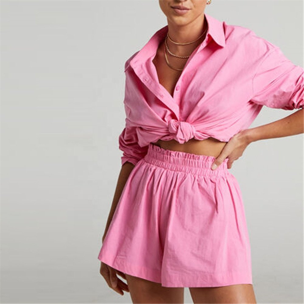 two-piece solid color single-row button-down long/middle sleeve lapel shirt shorts loose fashion casual suit women's sets