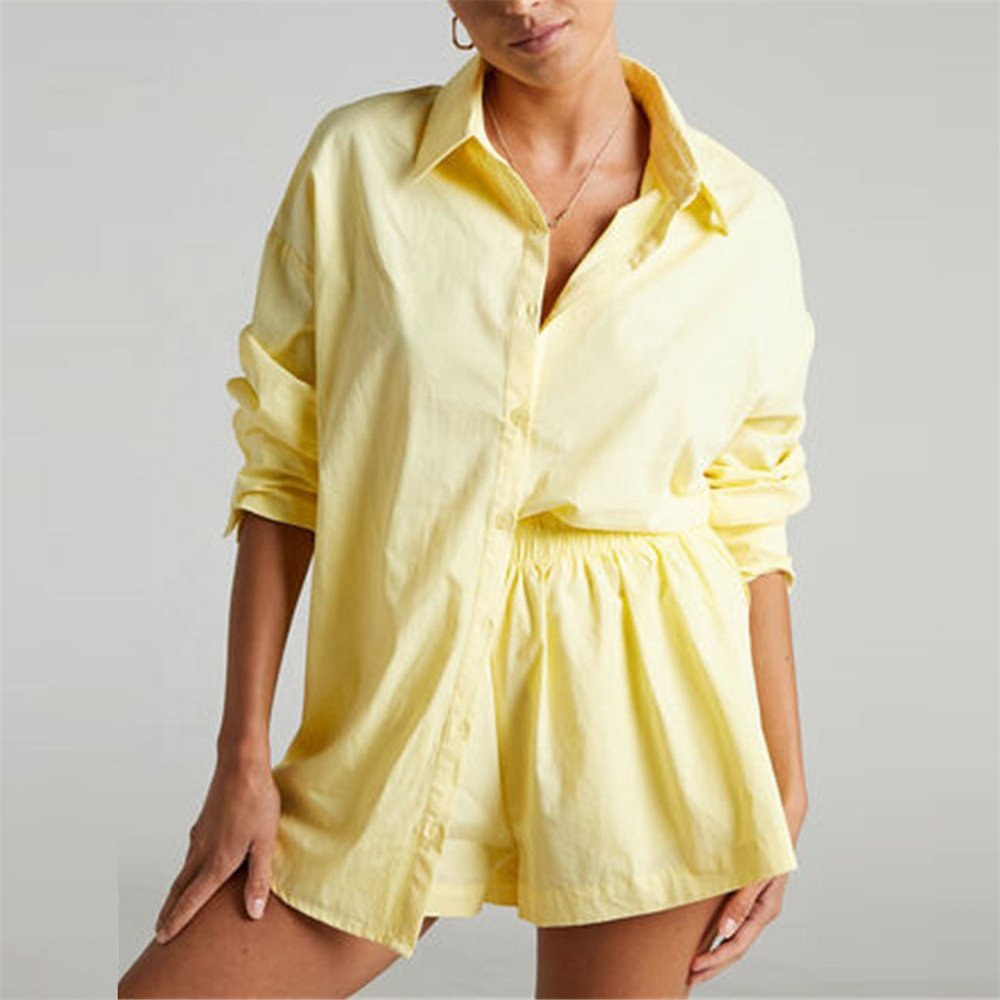 two-piece solid color single-row button-down long/middle sleeve lapel shirt shorts loose fashion casual suit women's sets