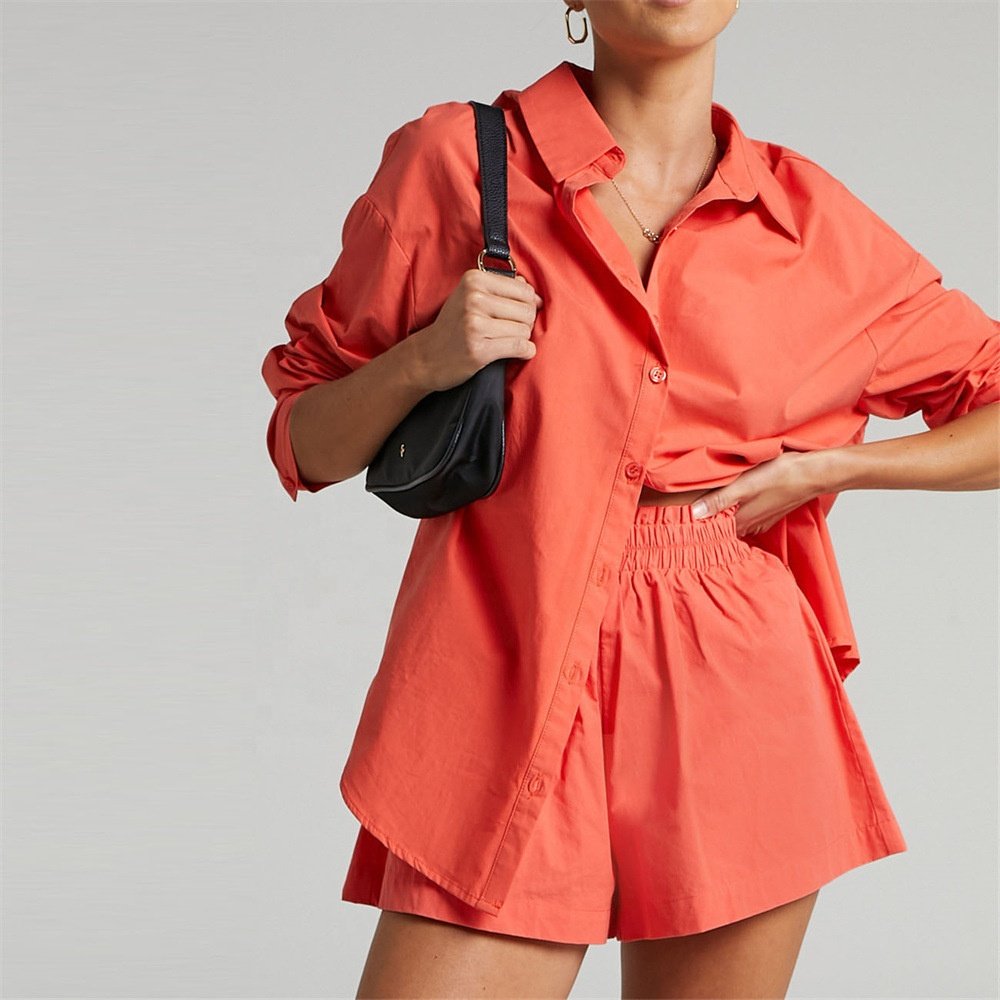 two-piece solid color single-row button-down long/middle sleeve lapel shirt shorts loose fashion casual suit women's sets