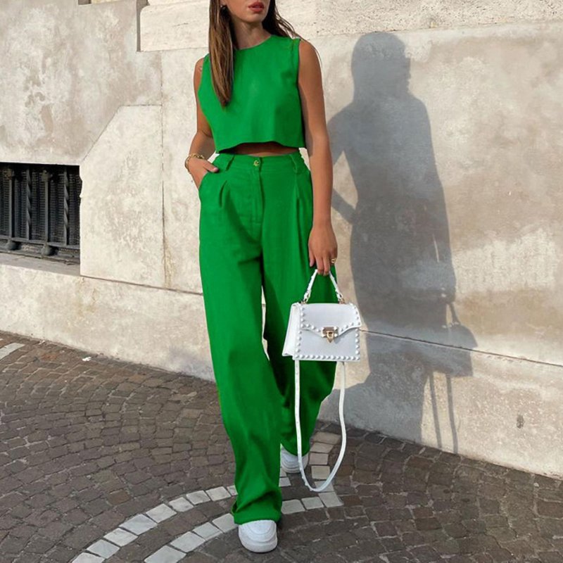 2023 Fashion Cotton Linen Casual Two Piece Solid Color O-Neck Vest Top Women Long Pants Loose Trousers Sets Women