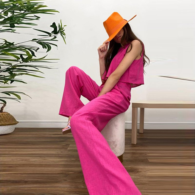 2023 Fashion Cotton Linen Casual Two Piece Solid Color O-Neck Vest Top Women Long Pants Loose Trousers Sets Women