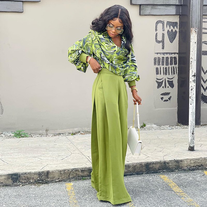 Latest 2024 Fashion Plus Size Women's Sets Fall Spring Casual Shirt Blouse Wide Leg Pants Women 2 Two Piece Pants Set