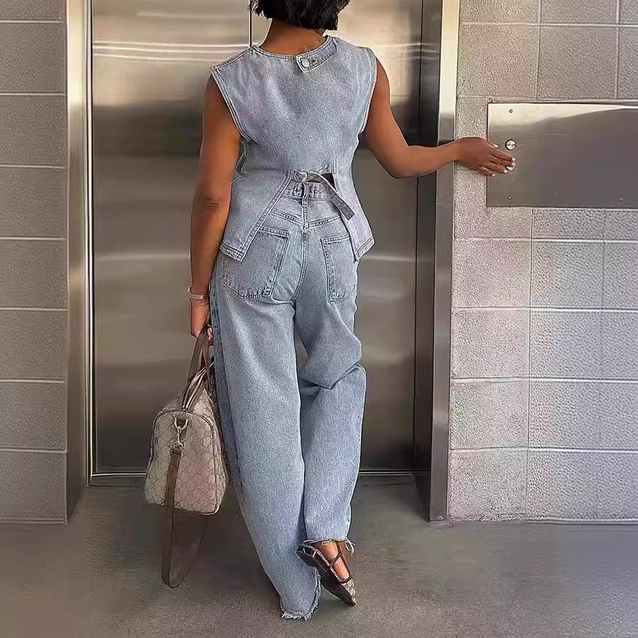 Newest Casual Fashion Lady Streetwear Stretch Denim Jeans Matching Sets Crop Tank Top Two Piece Pants Set Women'S Sets