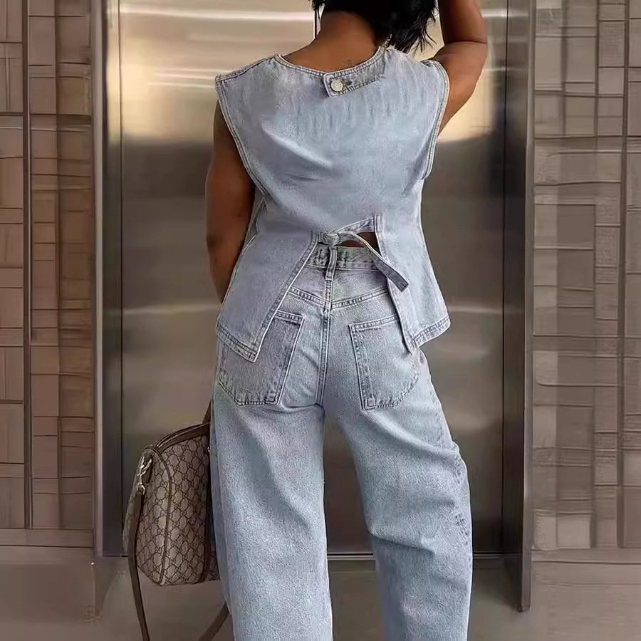 Newest Casual Fashion Lady Streetwear Stretch Denim Jeans Matching Sets Crop Tank Top Two Piece Pants Set Women'S Sets