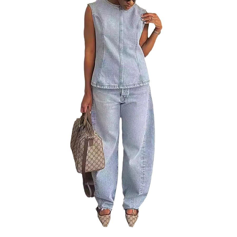 Newest Casual Fashion Lady Streetwear Stretch Denim Jeans Matching Sets Crop Tank Top Two Piece Pants Set Women'S Sets