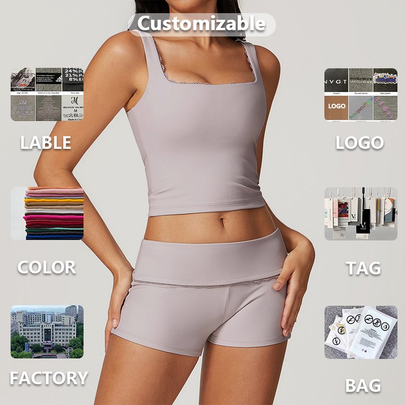 XW-TZ8828-2 Custom hot selling casual curve square lace neckline vest four-quarter shorts two-piece sports yoga gym women's set