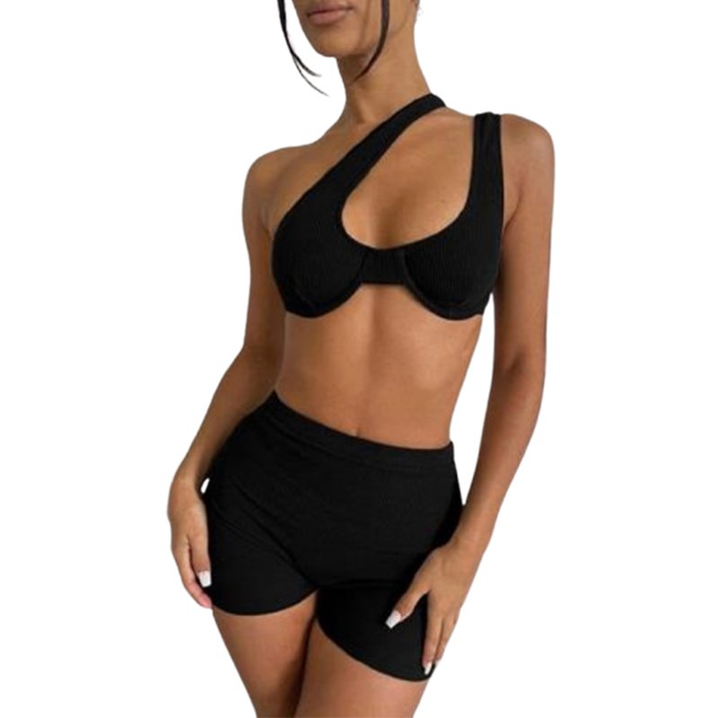 China Manufacturer One Shoulder Hollow Out Women's Sets Casual Mini Pants 2 Piece Sets Asymmetrical Women Clothing Sets