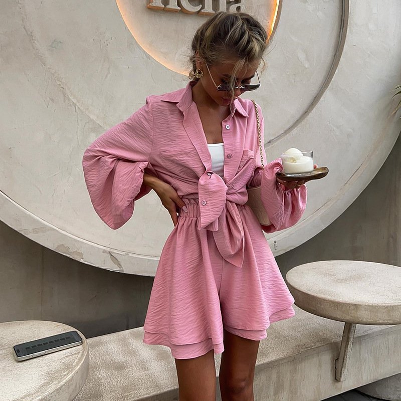 Boutique Wholesale 2024 Summer New Style Solid Color Bubble Sleeve Shirt Wide Leg Shorts Women's Set