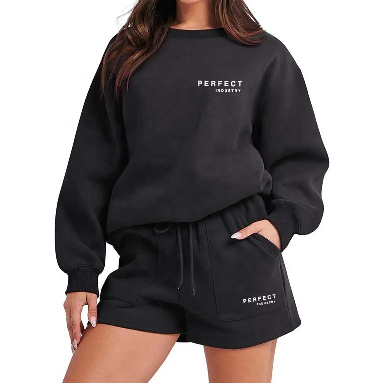 Perfect top quality clothing women hoodie and shorts set Crew Neck Sweatshirt Shorts Set Blank Custom Women Sweat Suits Set