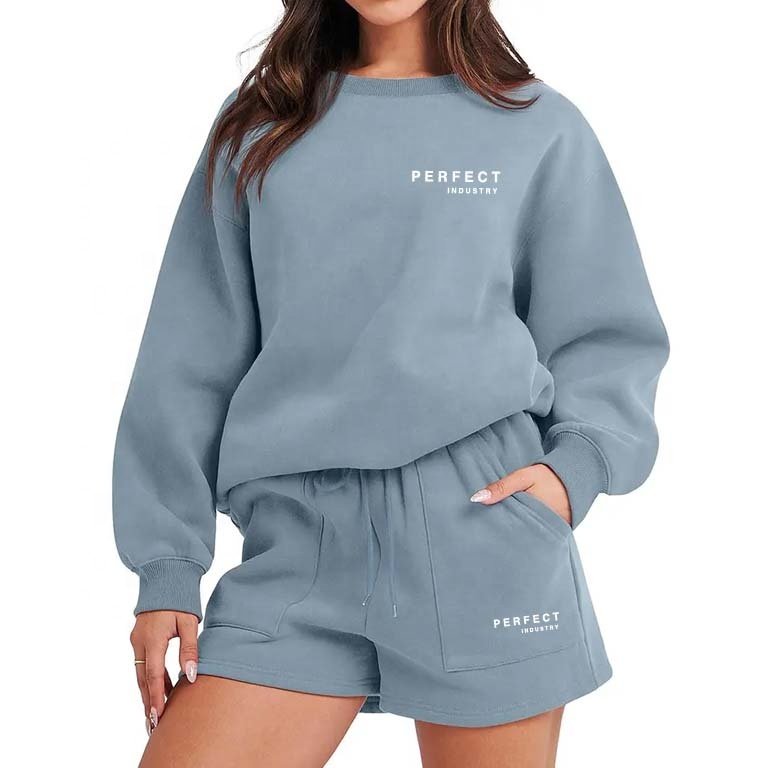 Perfect top quality clothing women hoodie and shorts set Crew Neck Sweatshirt Shorts Set Blank Custom Women Sweat Suits Set