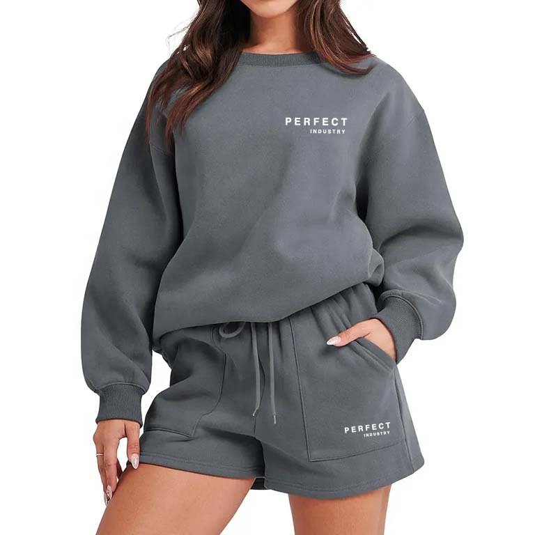 Perfect top quality clothing women hoodie and shorts set Crew Neck Sweatshirt Shorts Set Blank Custom Women Sweat Suits Set