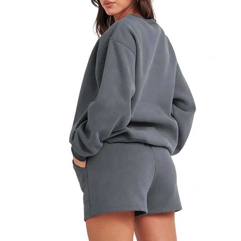 Perfect top quality clothing women hoodie and shorts set Crew Neck Sweatshirt Shorts Set Blank Custom Women Sweat Suits Set