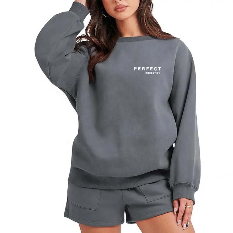 Perfect top quality clothing women hoodie and shorts set Crew Neck Sweatshirt Shorts Set Blank Custom Women Sweat Suits Set