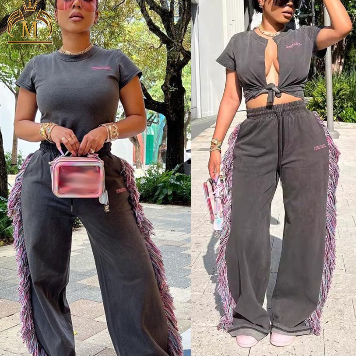2024 New Trendy Women's Outfits Embroidery Cotton Shirt Top With Sweatpants Ladies Casual Joggers Pants Matching Sets For Women