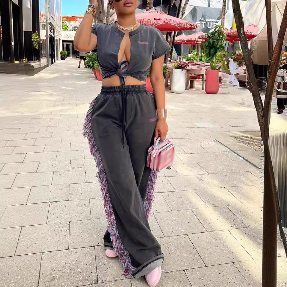 2024 New Trendy Women's Outfits Embroidery Cotton Shirt Top With Sweatpants Ladies Casual Joggers Pants Matching Sets For Women