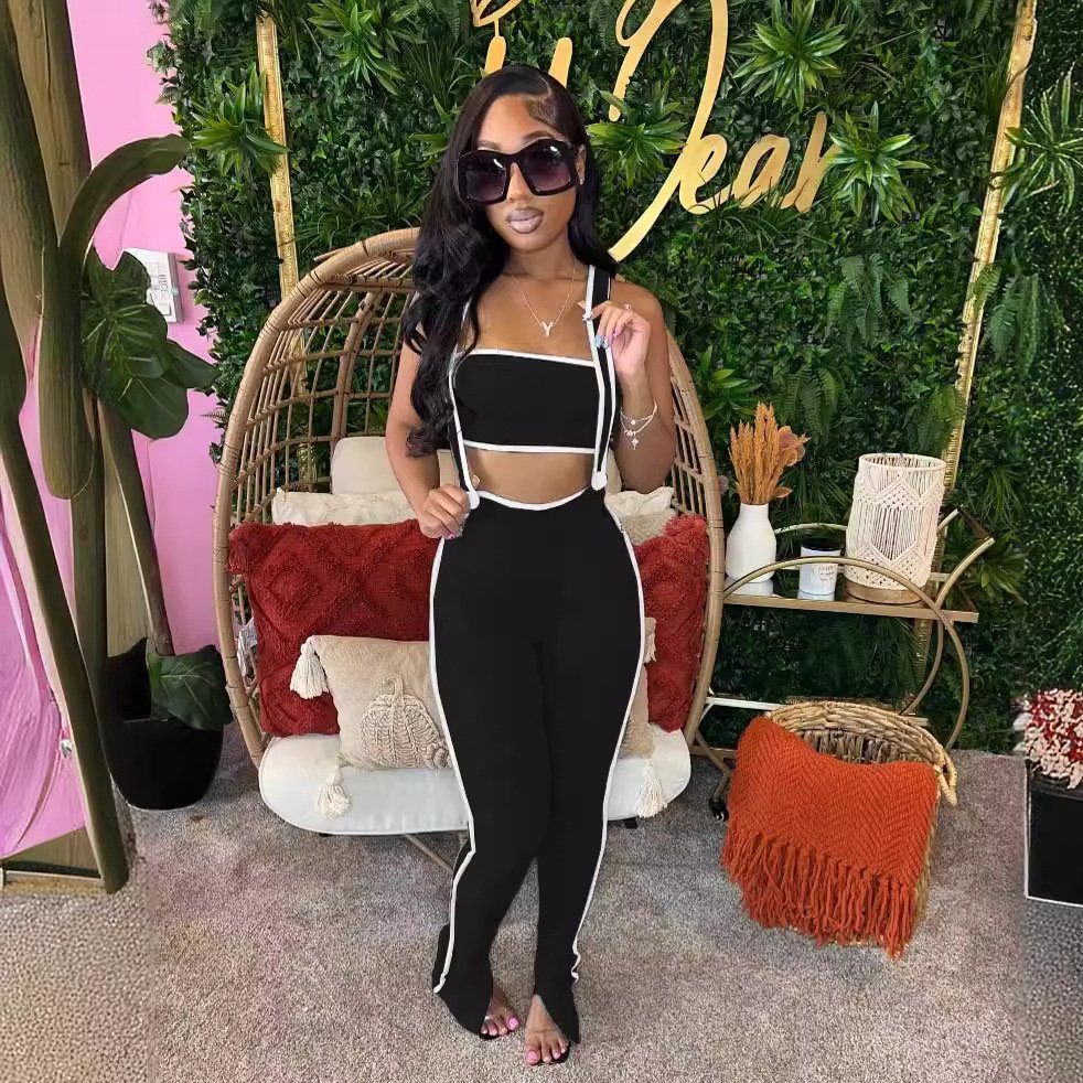 Fashion Women's Clothing 2024 Summer Stretchy Ribed Two Piece Set Sexy Tube Top And Overalls Pants Sets For Women