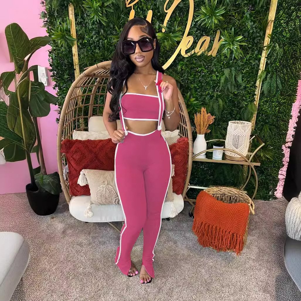 Fashion Women's Clothing 2024 Summer Stretchy Ribed Two Piece Set Sexy Tube Top And Overalls Pants Sets For Women