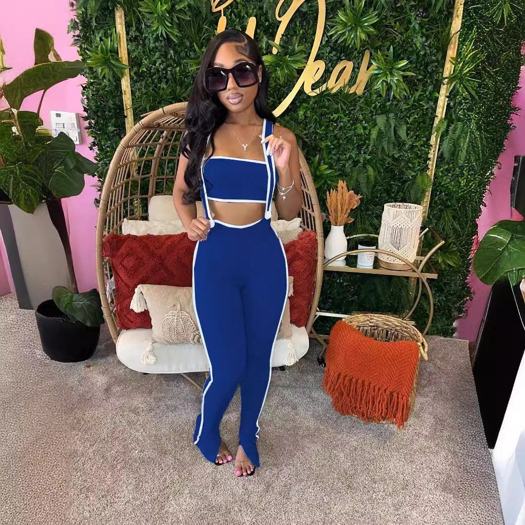 Fashion Women's Clothing 2024 Summer Stretchy Ribed Two Piece Set Sexy Tube Top And Overalls Pants Sets For Women