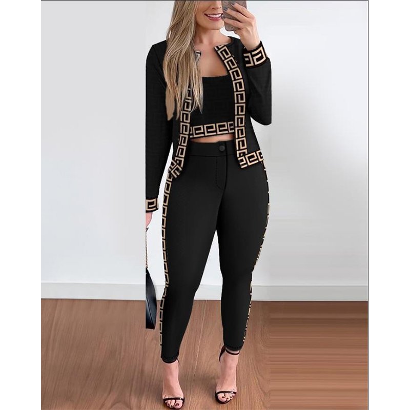Hot Sale Spring And Autumn European And American Style Street Fashion Women'S Vest Cardigan Leggings Three-Piece Suit