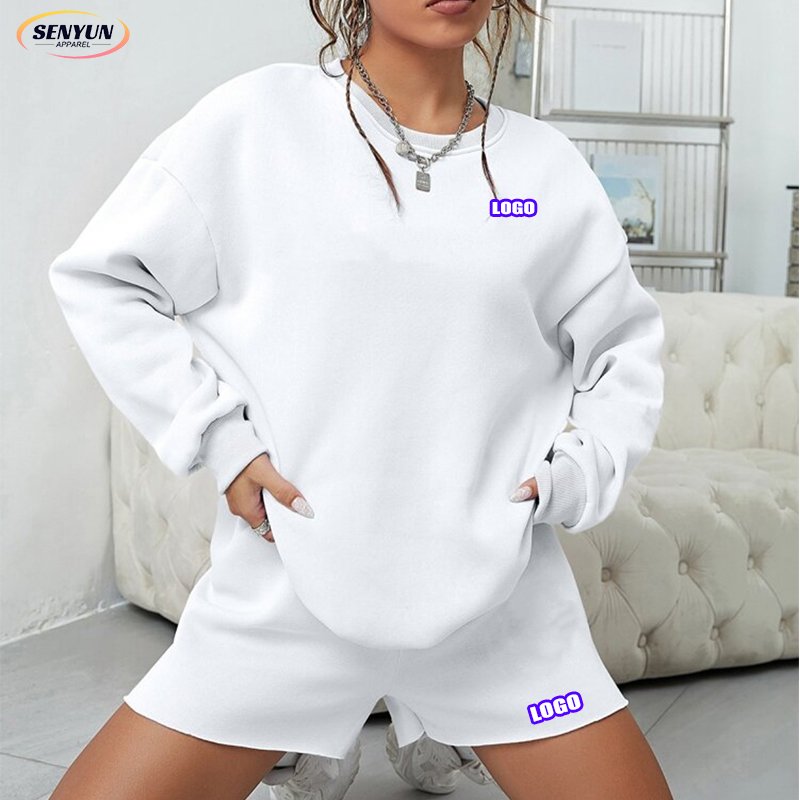 Wholesale Fashion Leisure Blank Crewneck Sweatshirt Plus Size Custom Logo Puff Printing Jogger Plain Two Piece Women'S Sets