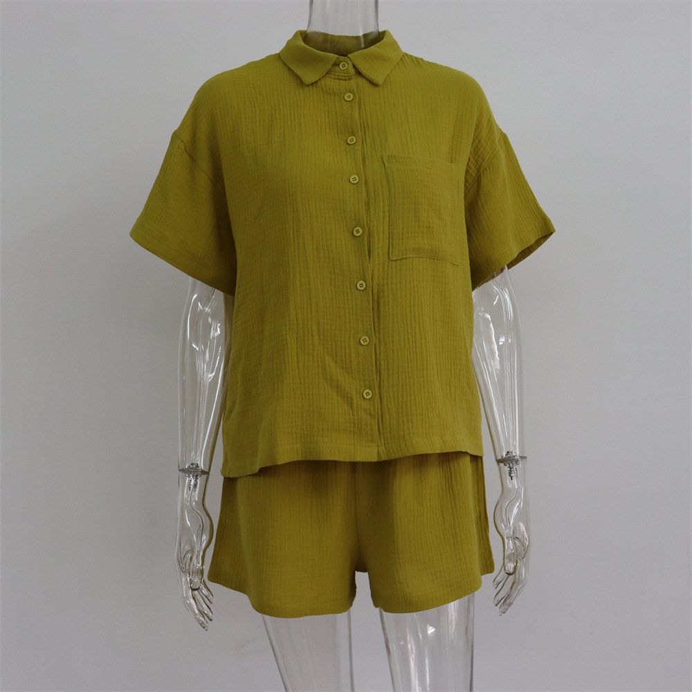 Summer Custom Women's Clothes Pleat Blouse Outfits Biker Button Pink Linen Shirt and Shorts Sets 2 Two Piece Ladies Lounge wear