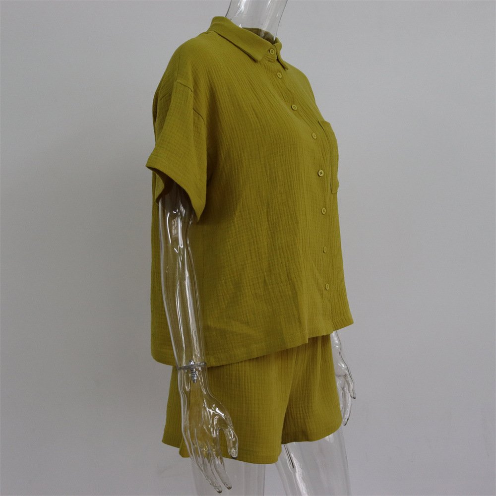 Summer Custom Women's Clothes Pleat Blouse Outfits Biker Button Pink Linen Shirt and Shorts Sets 2 Two Piece Ladies Lounge wear