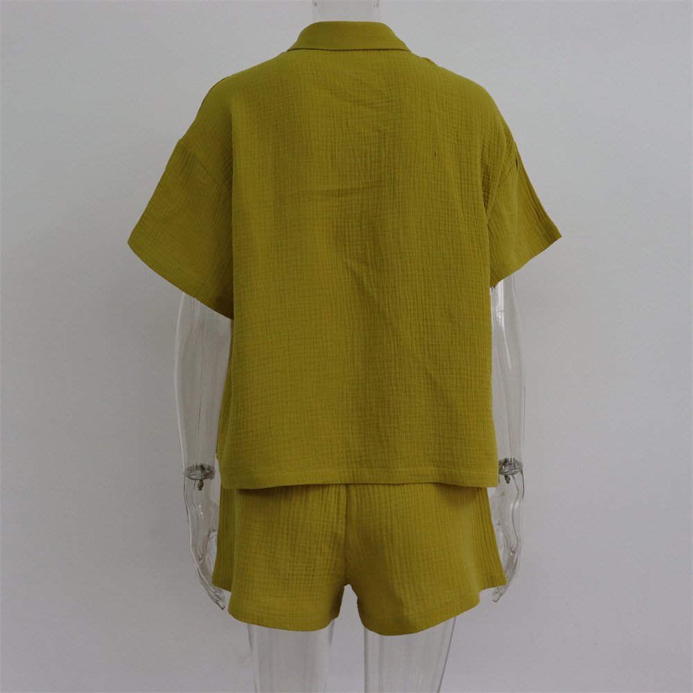 Summer Custom Women's Clothes Pleat Blouse Outfits Biker Button Pink Linen Shirt and Shorts Sets 2 Two Piece Ladies Lounge wear