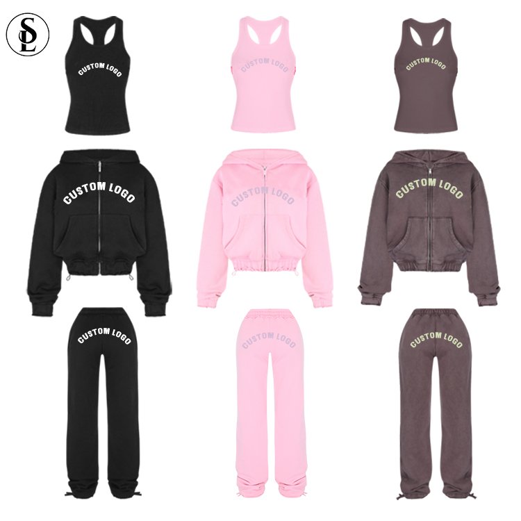 Women Set Top Quality Heavy Weight Streetwear Custom Distressed Vintage Sweatsuits Set Terry Tracksuit Sweatpants Hoodie Women
