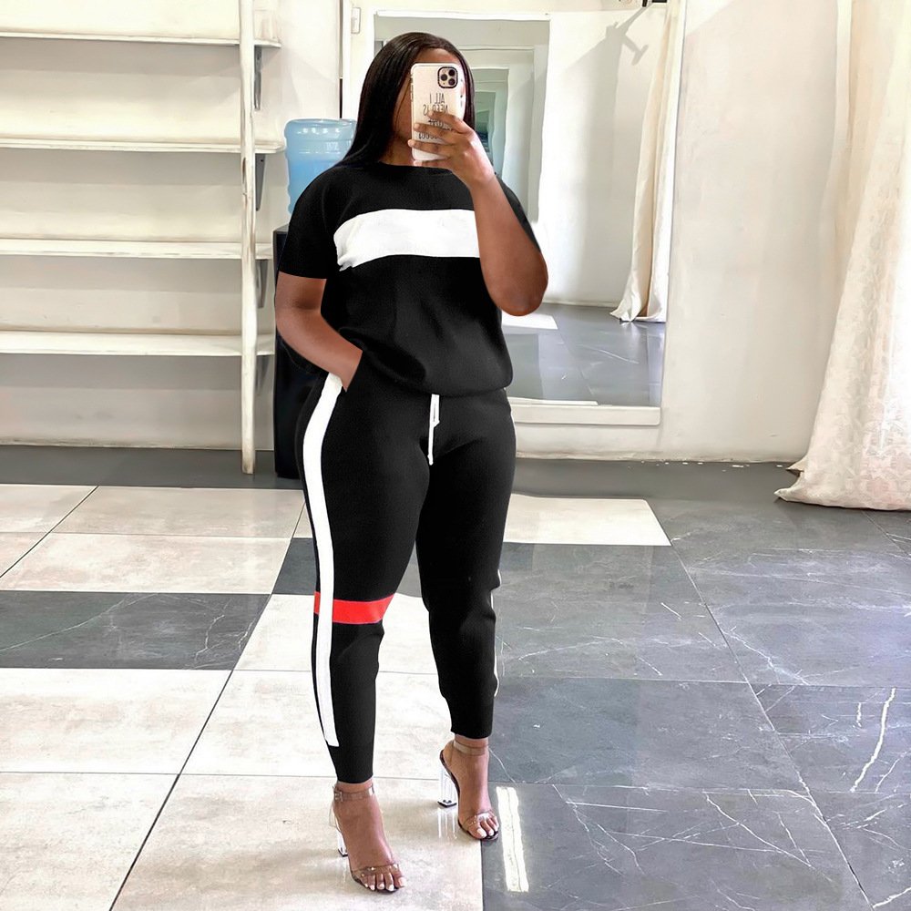 Custom Logo Womens T Shirt Clothing Fashion Short Casual Women'S Sets With Patchwork Custom Logo Crop Top 2 Two Piece Pants Set