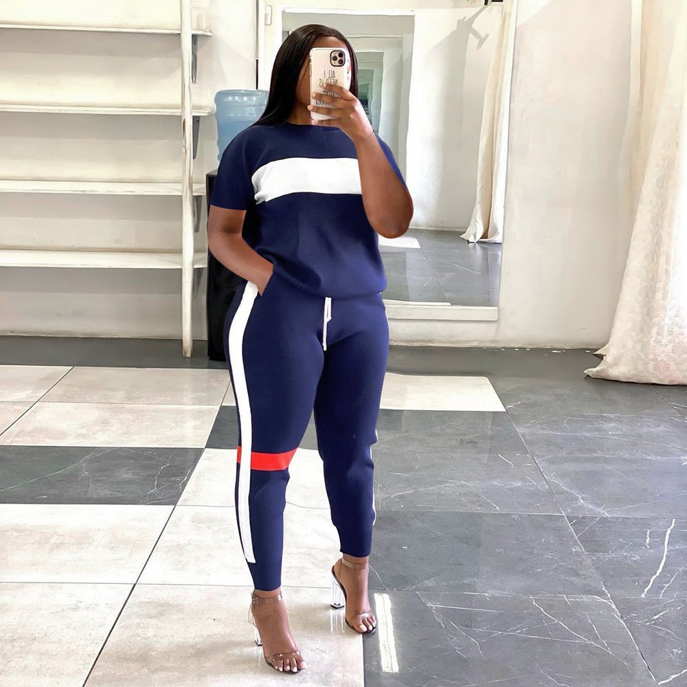 Custom Logo Womens T Shirt Clothing Fashion Short Casual Women'S Sets With Patchwork Custom Logo Crop Top 2 Two Piece Pants Set