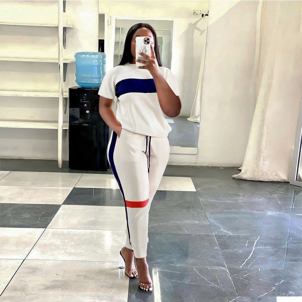 Custom Logo Womens T Shirt Clothing Fashion Short Casual Women'S Sets With Patchwork Custom Logo Crop Top 2 Two Piece Pants Set